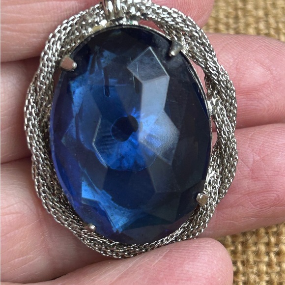 Vintage Carnegie Clip Earrings Blue Faceted Glass Silver Signed Large Oval - Picture 3 of 11